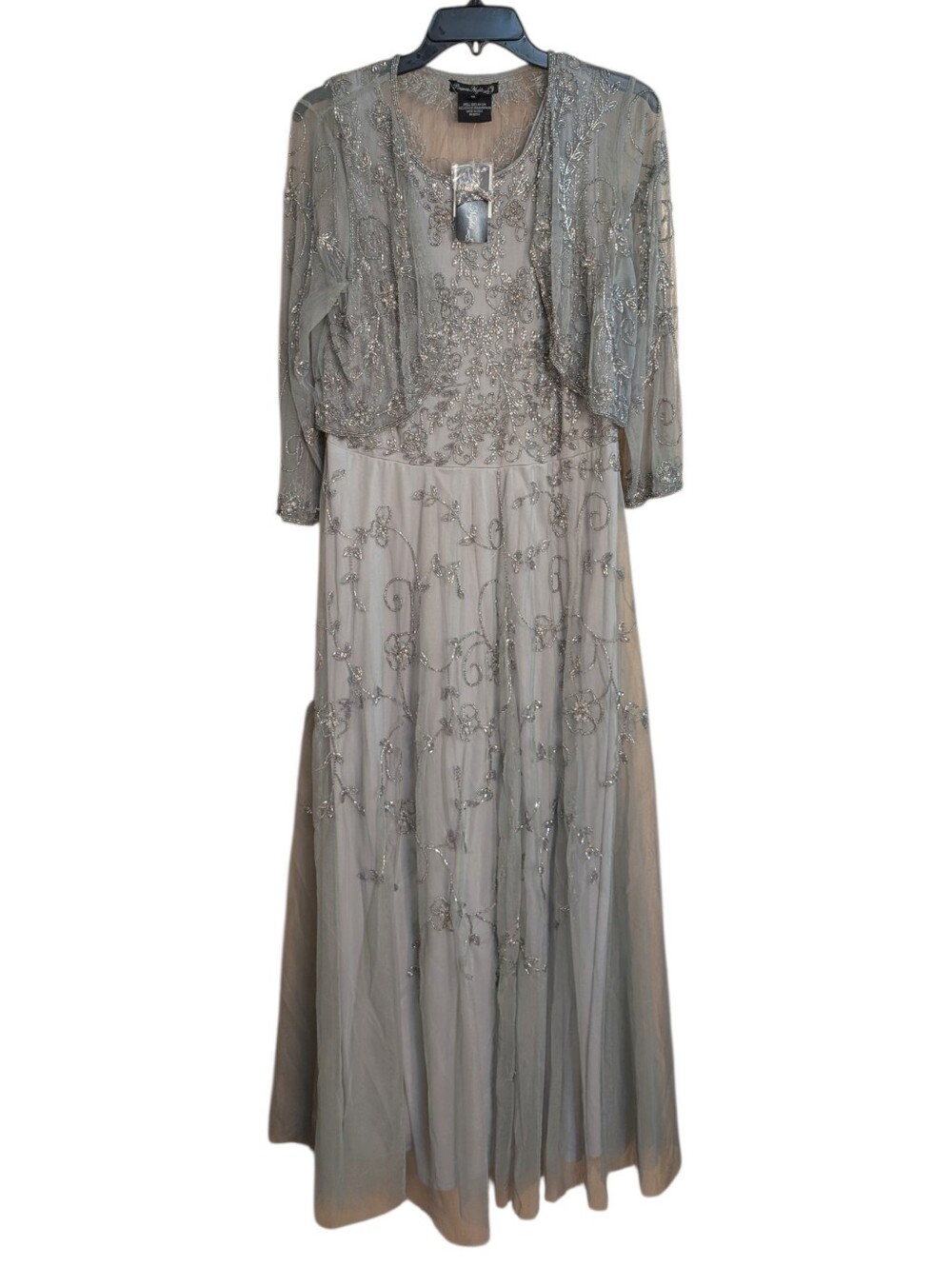 Pisarro Nights Embellished Cocktail Dress with Open Front Jacket Gray..Size 12
